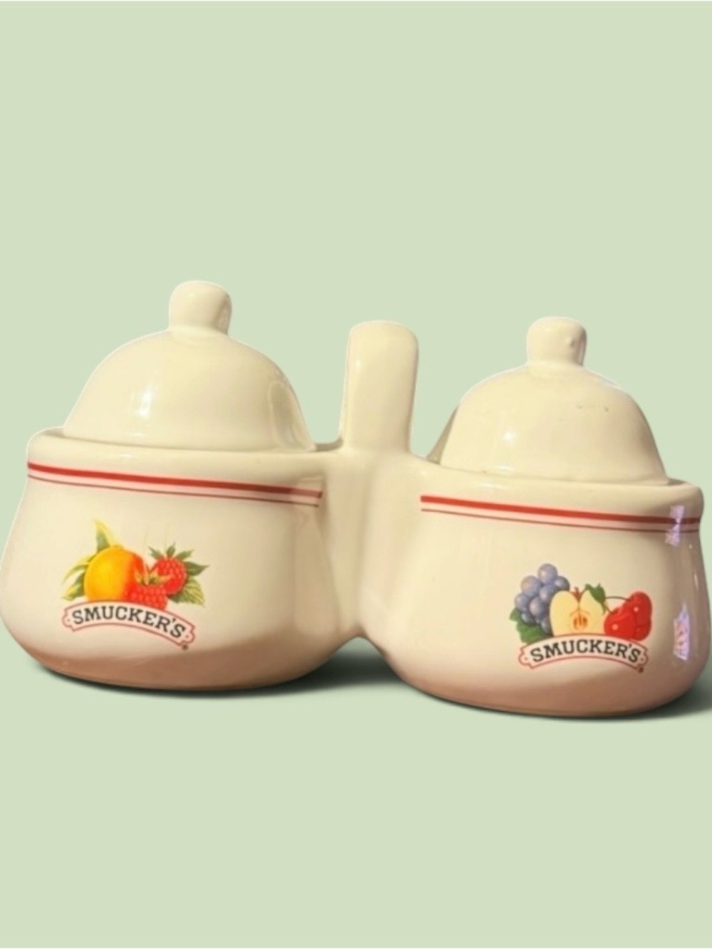 Vintage~1970s~Smucker’s~ Jam or Jelly Server Set~Ceramic~Lids~ White with Fruit
